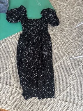 Abercrombie & Fitch Black Polka Dot Puff Sleeve Midi Dress cotton has pockets